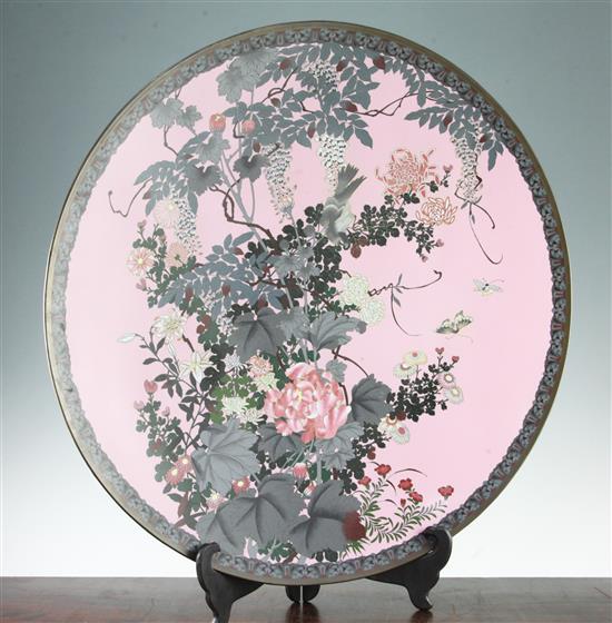 A massive Japanese cloisonne enamel dish, Meiji period, 61cm, enamel loss around foot